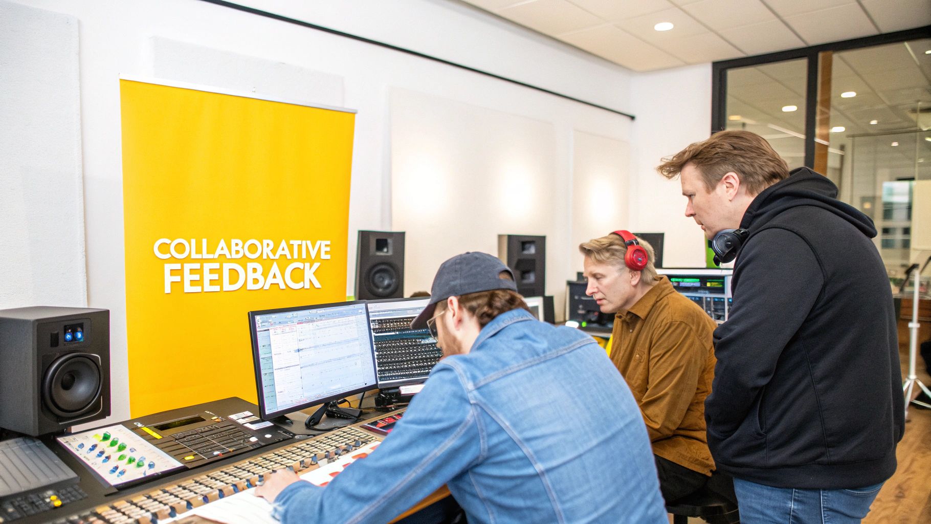 A producer organizing feedback notes on a digital kanban board.
