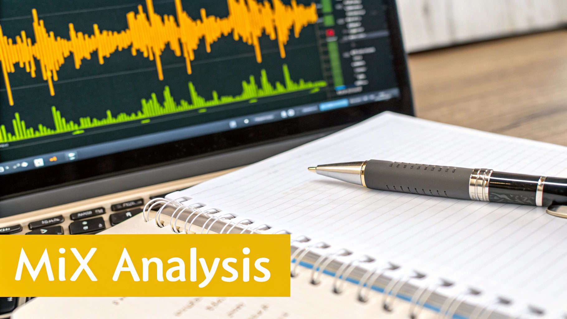 A modern music production setup with a laptop displaying audio software and a tablet for notes.