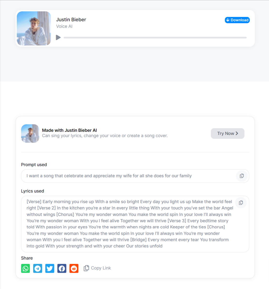 Justin Bieber AI Voice Changer Lalals Lyrics To Music Detail Page